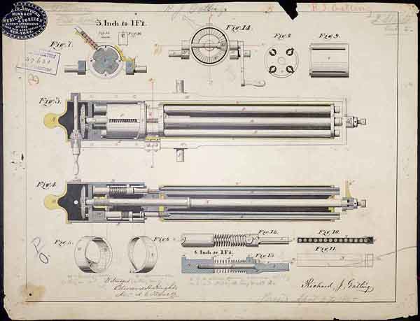 Gatling Gun Patent Drawing 1865 - National Archives and Records Administration, Records of the Patent and Trademark Office