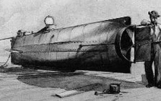 H.L. Hunley submarine sitting on a pier