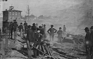 Union soldiers destroying Confederate railroads during Sherman's March to the Sea