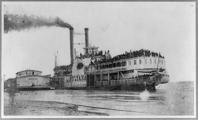 The Sultana Ship Disaster - This is a real photograph of the overcrowded Sultana near Helena, Arkansas taken on April 26th 1865. One day before the ship sank in the Mississippi River.